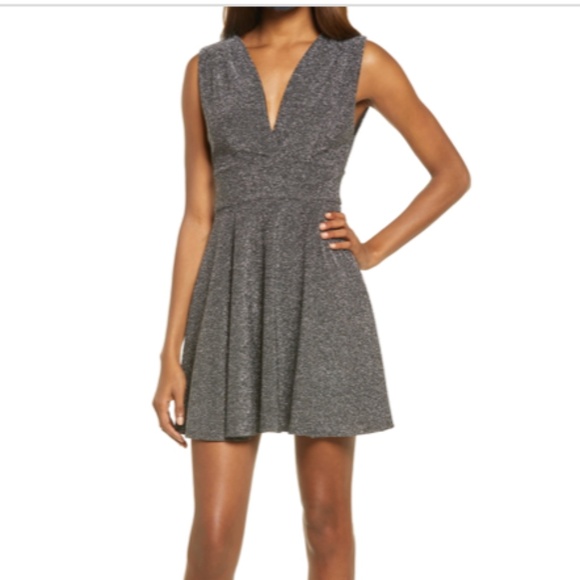 NWT Fraiche by J Shimmer Deep V-Neck Fit & Flare Minidress in Silver Metallic - Picture 1 of 7